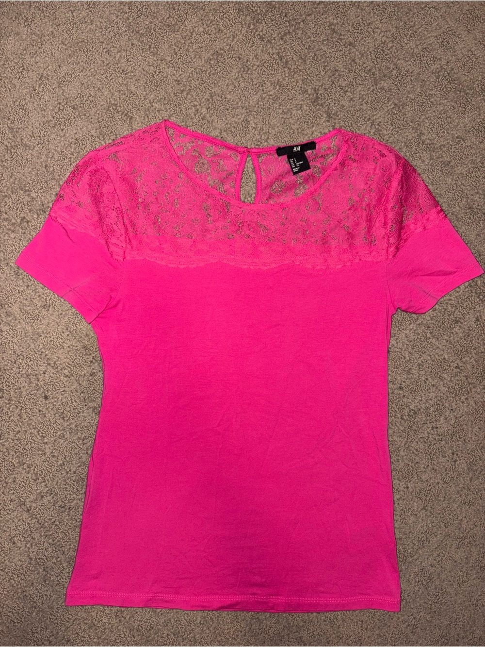 H&M Hot Pink Lace Yoke Short Sleeve Tee